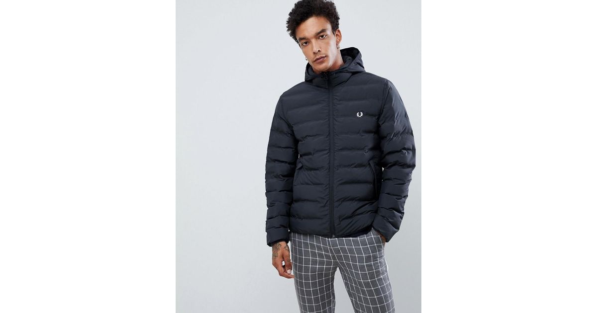 Fred Perry Synthetic Hooded Puffer Jacket In Black for Men | Lyst