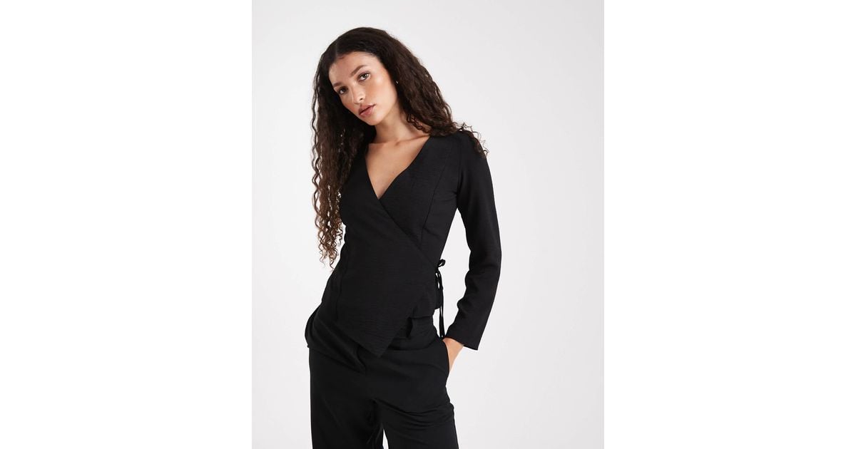 ASOS Textured Long Sleeve Wrap Blouse in Black Lyst Australia