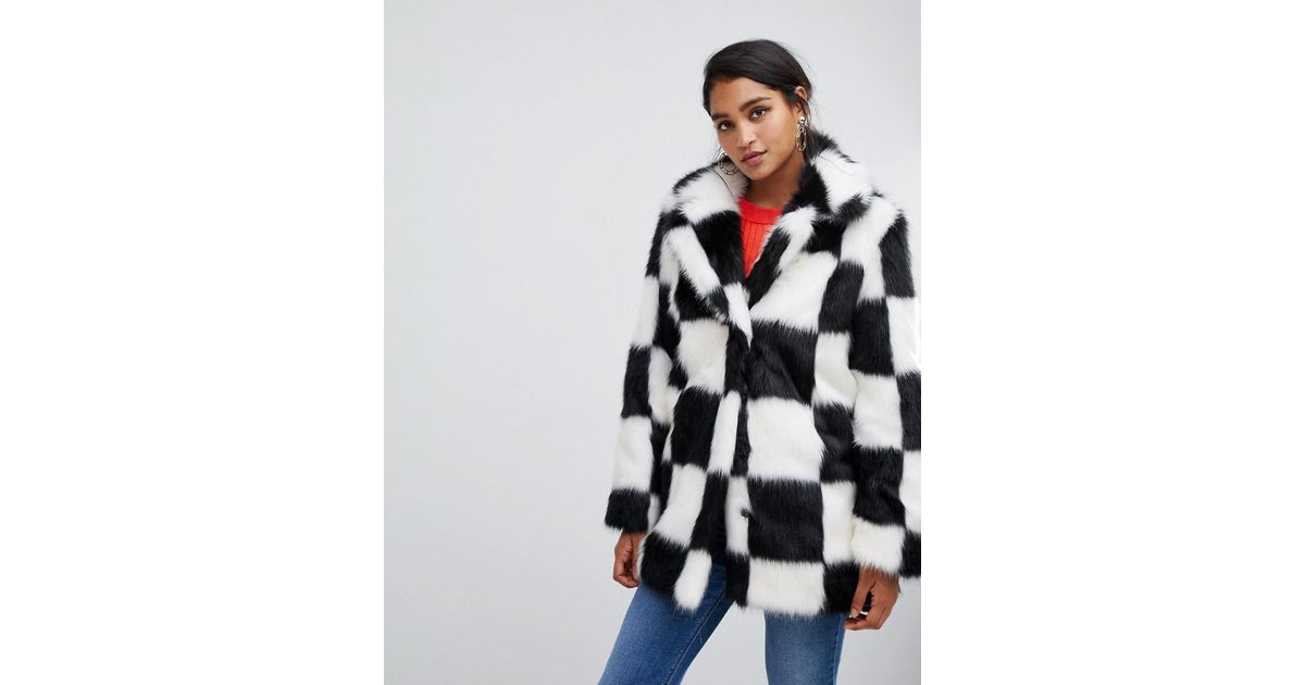 ASOS Denim Checkerboard Faux Fur Coat in Black - Lyst