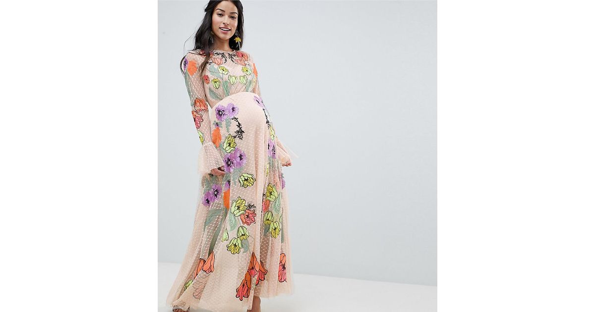 ASOS Asos Edition Maternity Embroidered Floral Maxi Dress In Dobby Spot in  Natural | Lyst