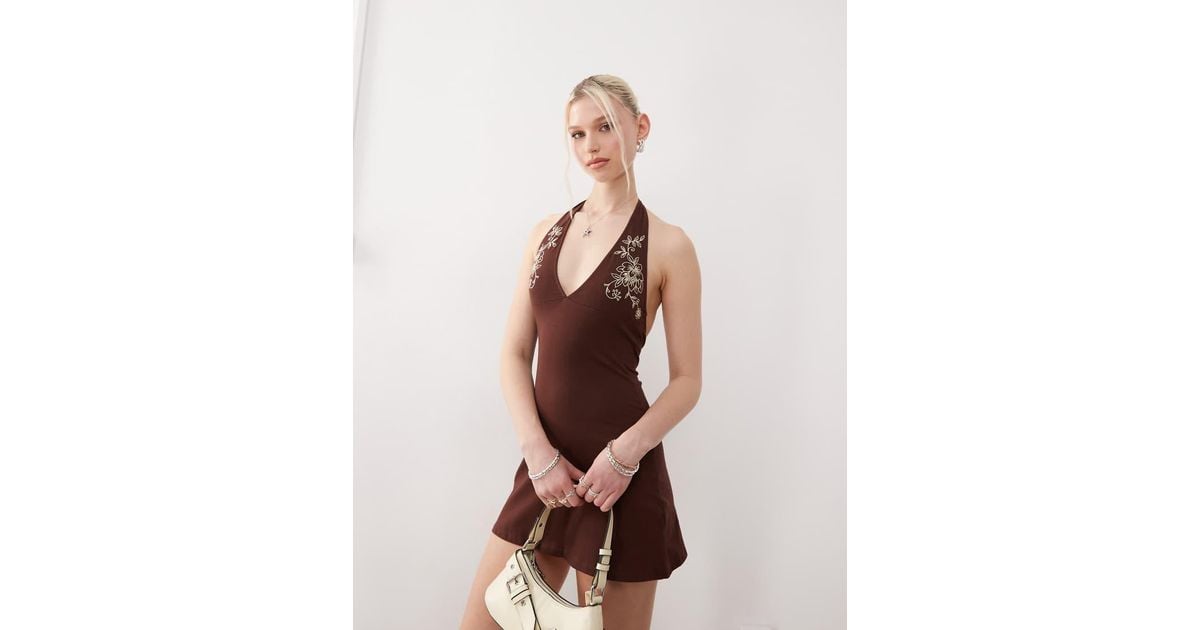 Motel Hepzhi Embroidered Detail Halter Mini Dress in Natural | Lyst UK