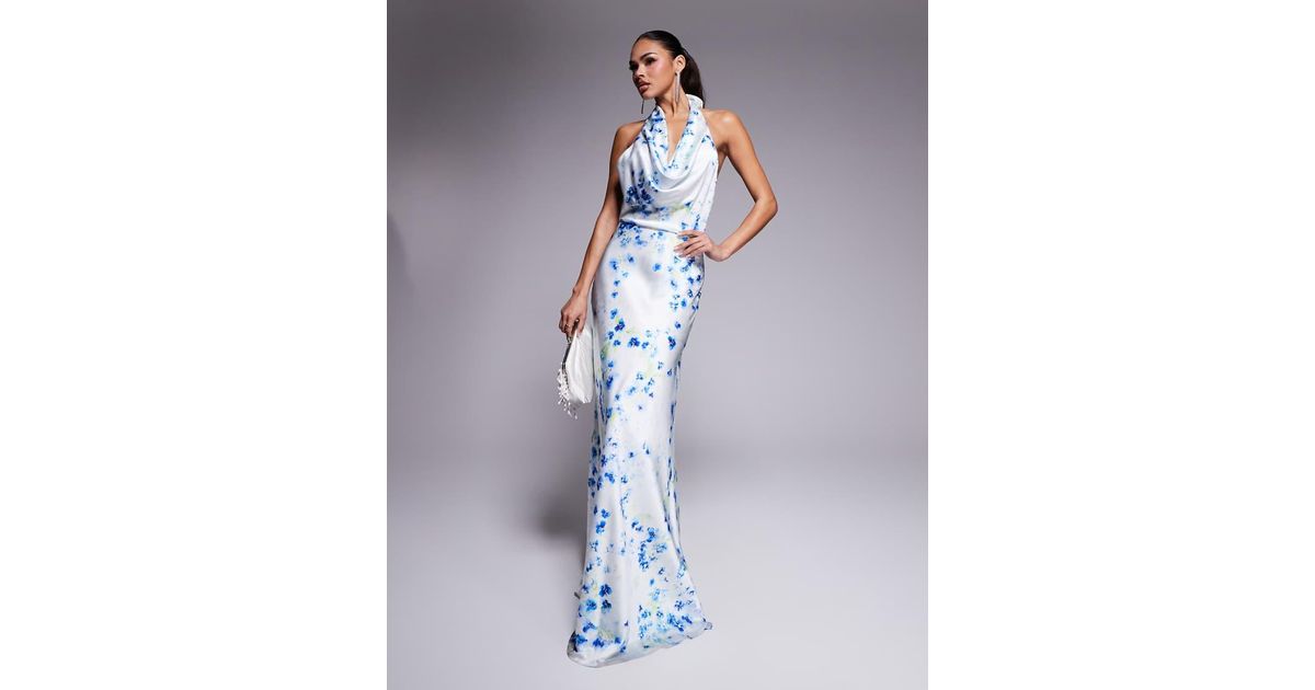 Blue Halter Cowl Neck Maxi Dress