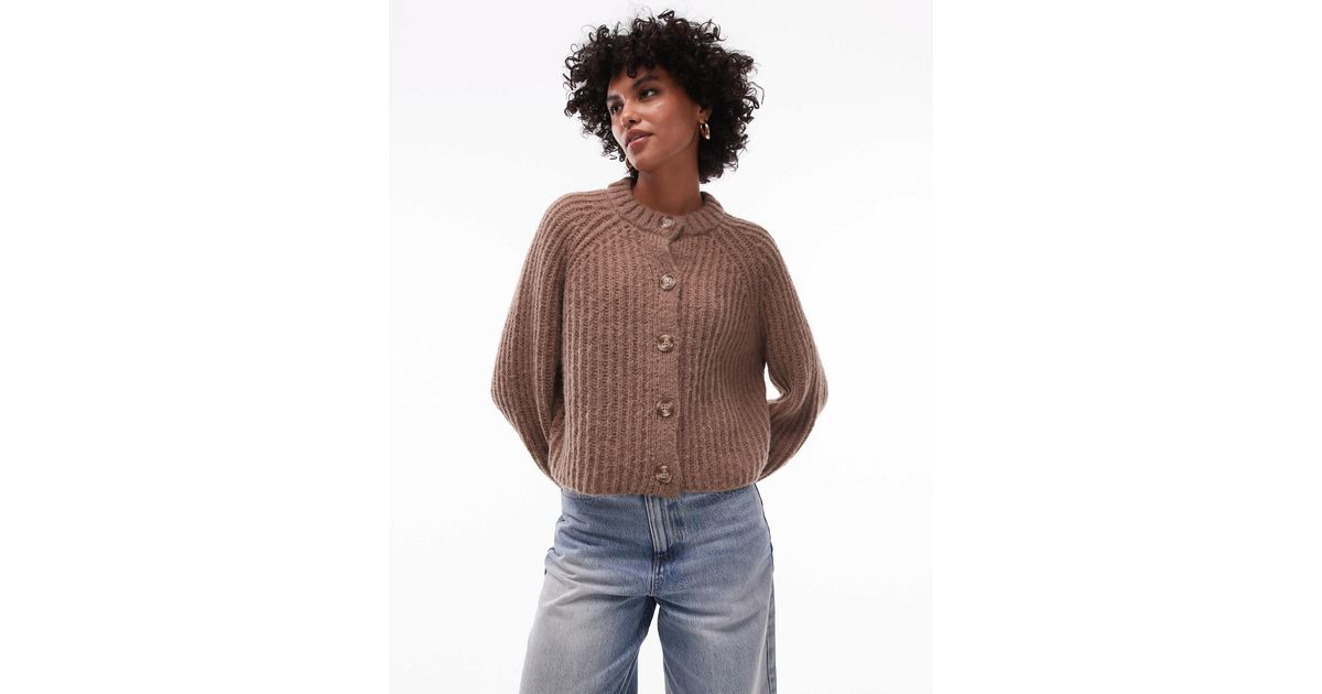 TOPSHOP Knit Chunky Crew Neck Cardigan in Brown Lyst