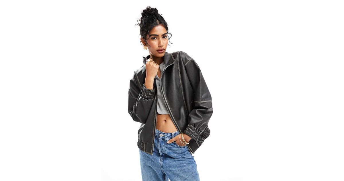 ASOS Funnel Neck Leather Look Bomber Jacket in Grey Lyst UK