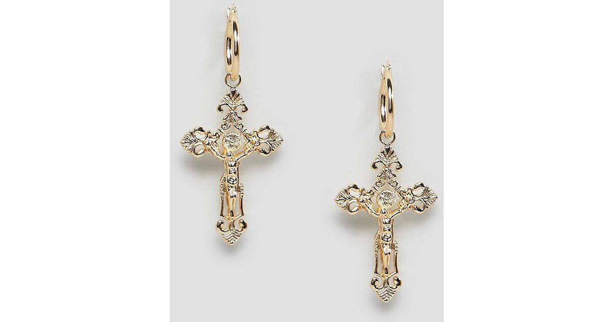 Rock N Rose Metallic Gold Ornate Cross Drop Hoop Earrings Rock N Rose Metallic Gold Ornate Cross Drop Hoop Earrings