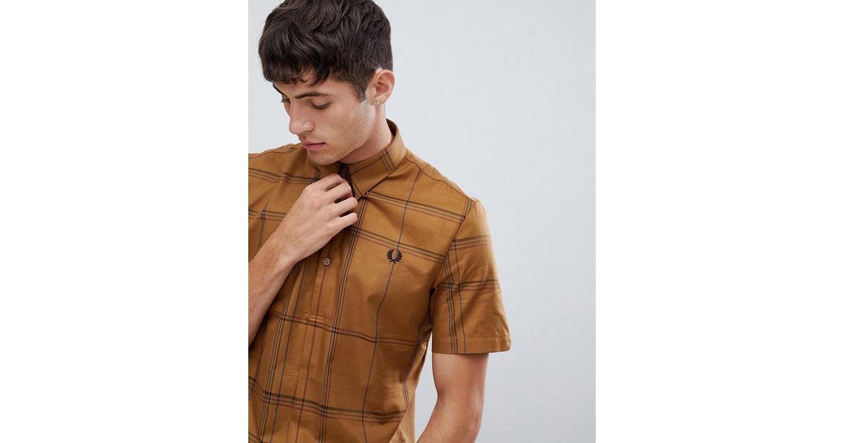 Fred Perry Cotton Grid Check Jersey Back Short Sleeve Shirt In Camel in Tan  (Brown) for Men - Lyst
