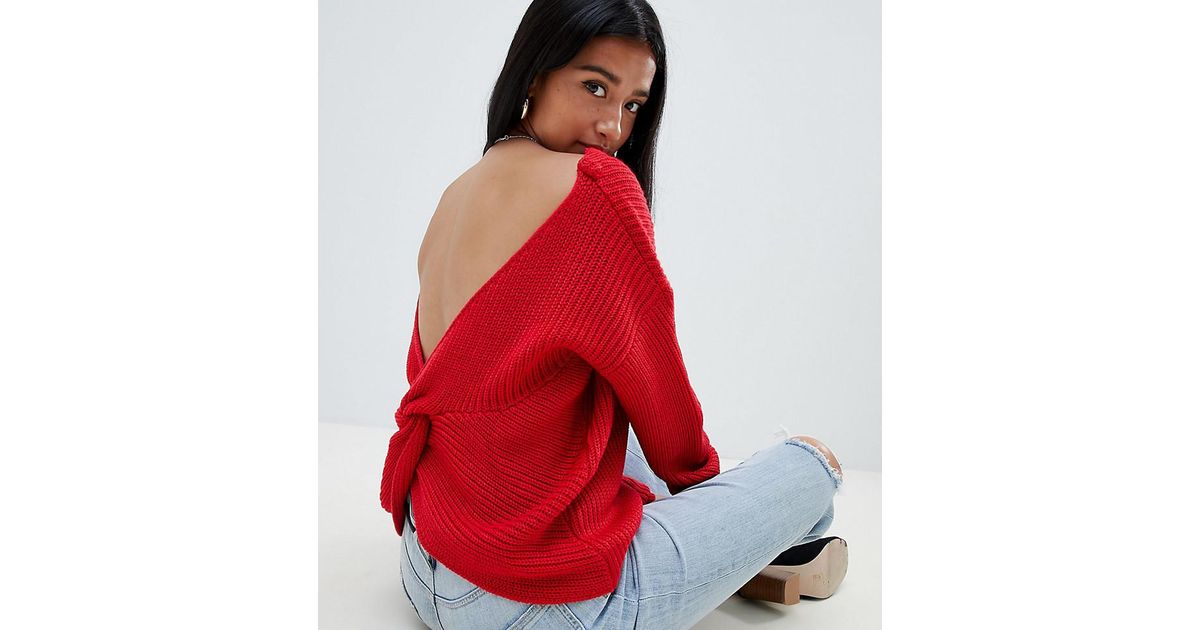 Missguided Twist Back Sweater In Red | Lyst