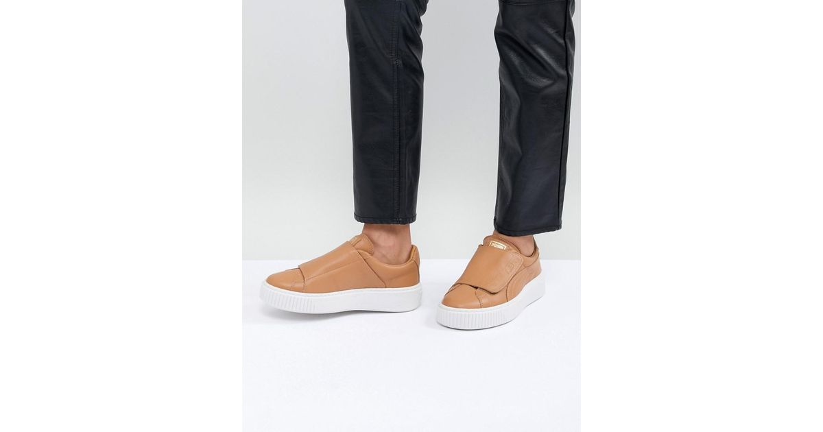 PUMA Brown Basket Platform Strap Sneaker In Tan PUMA Brown Basket Platform Strap Sneaker In Tan