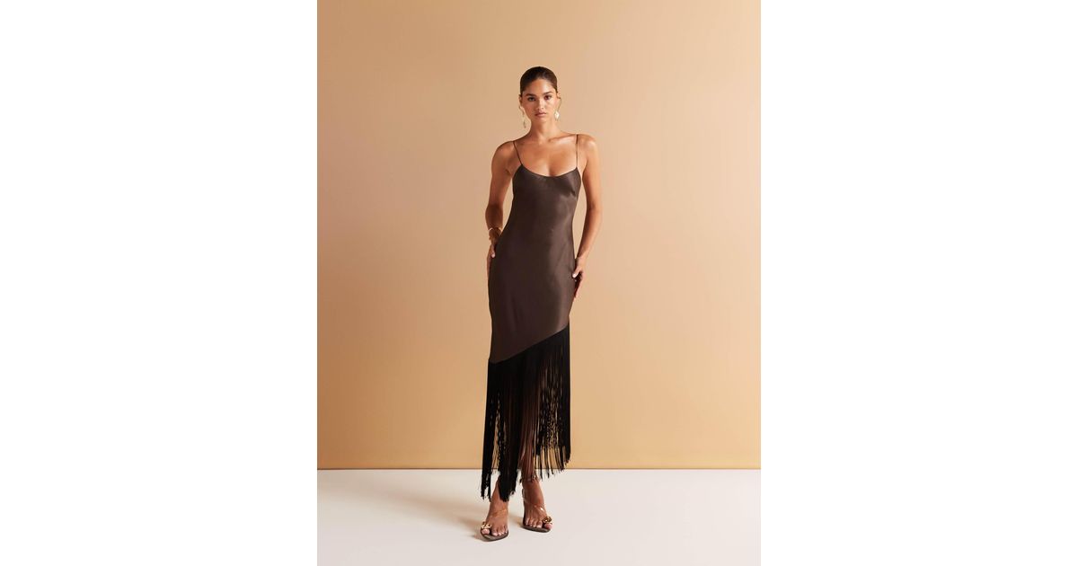 mango scoop neck satin dress with fringed hem in brown Men's Summer Brown Dress Pant (Breathable & Lightweight) main image 1