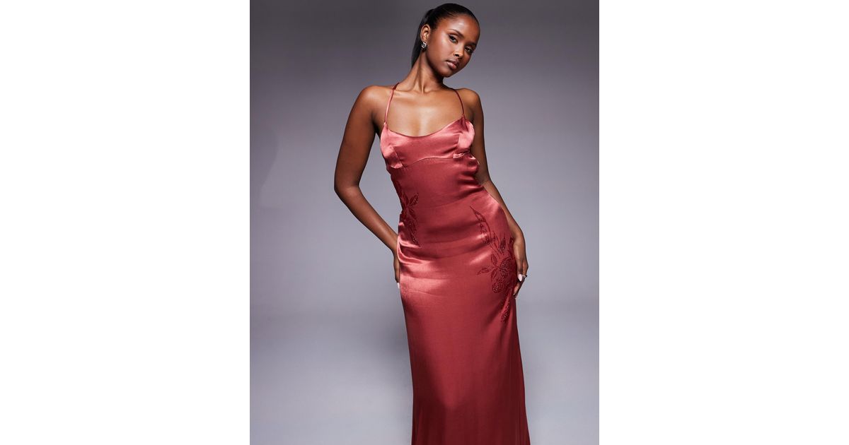 Princess Polly Catch You Up Satin Cami Beaded Flower Detail Maxi Dress in  Red | Lyst