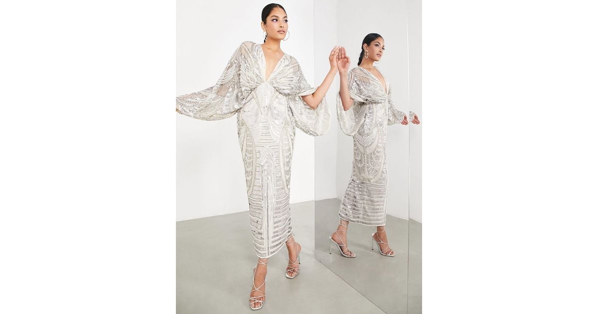 ASOS Kimono Sleeve Midi Dress With Sequin Pearl
