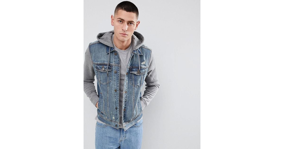 Hollister Hooded Denim Jacket With Gray Sweat Sleeves And Hood In Mid