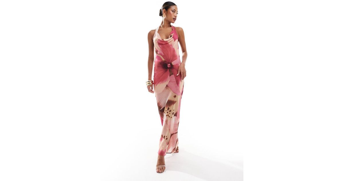 River Island Halterneck Floral Print Maxi Dress in Red | Lyst UK