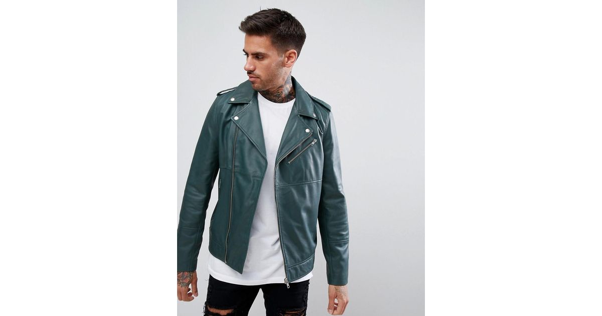Asos Leather Asymmetric Biker Jacket In Bottle Green For Men