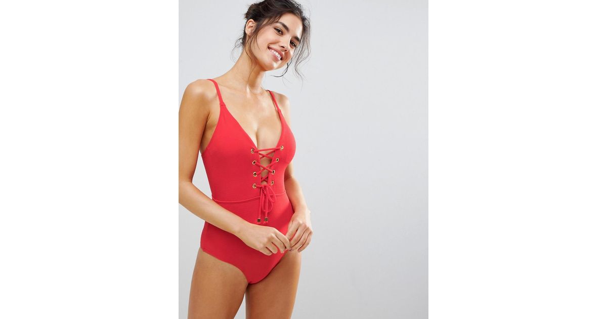 red lace up swimsuit