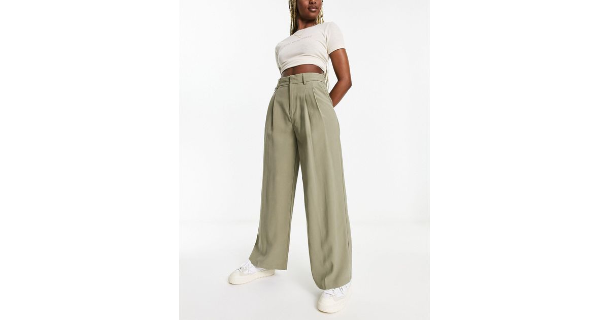 Stradivarius Wide Leg Tailored Trouser With Ring Detail in Natural | Lyst