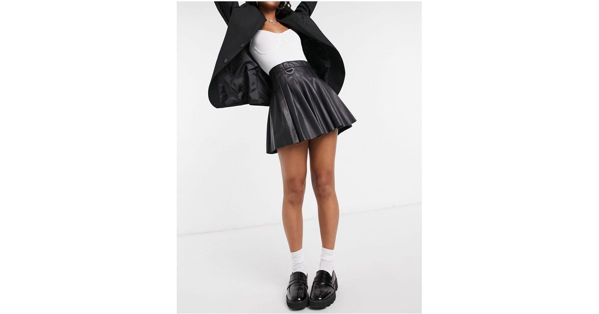 Bershka Faux Leather Pleated Mini Tennis Skirt in Black - Lyst