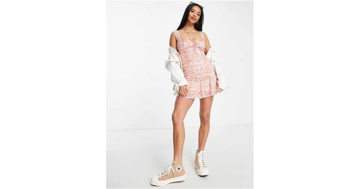 Petite - vestito corto con dettagli arricciati e fondo a peplo lilla e  arancione a fioriASOS di Materiale sintetico | Lyst