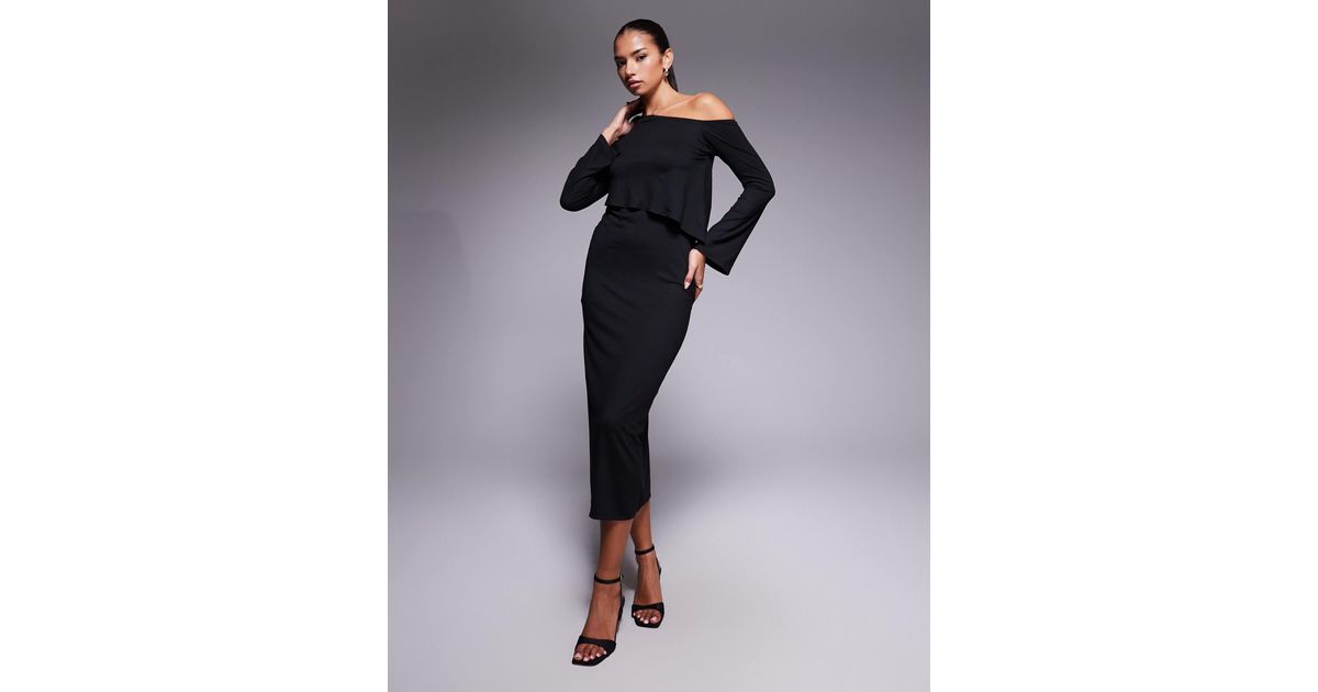 ASOS Long Sleeve Fallen Shoulder Layered Midi Dress in Blue | Lyst