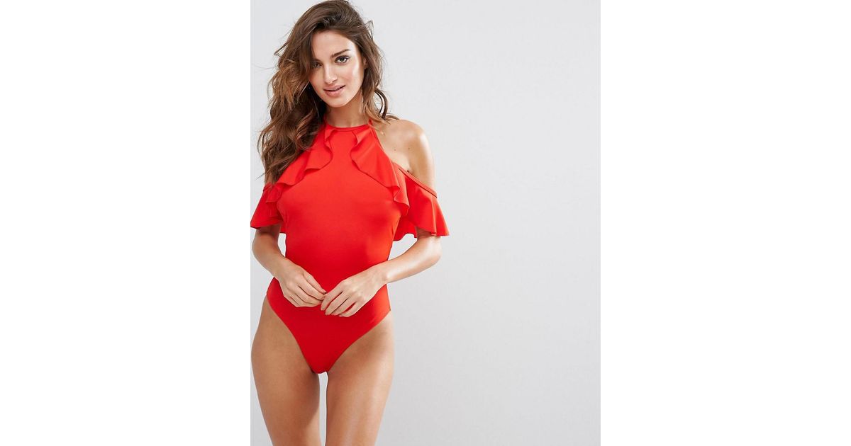 red off shoulder swimsuit