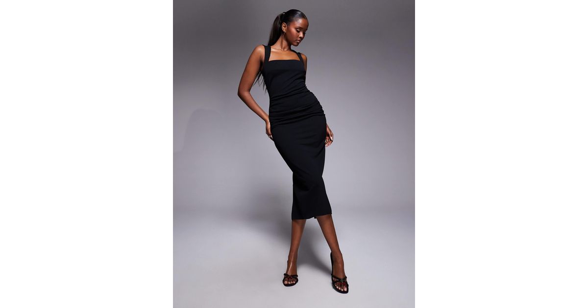 asos black midi dress DESIGN 90s ribbed built up tank in this dress combines comfort with elegance ASOS Black Square Neck Ruched