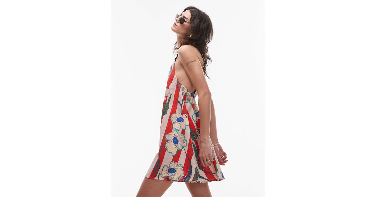 TOPSHOP Beaded Strap Printed Flippy Mini Dress in White | Lyst