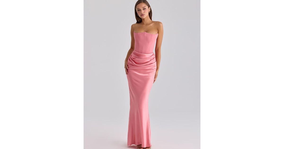 House Of Cb Persephone Raspberry Satin + Crepe Strapless Corset Maxi ...