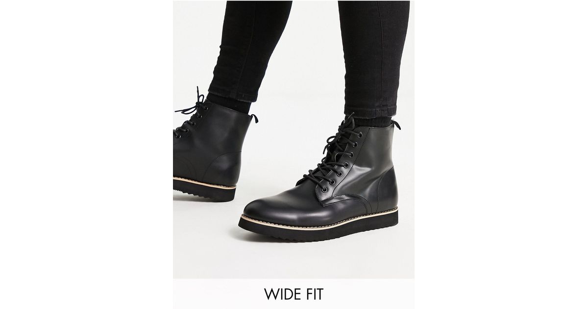 truffle collection wide fit chunky lace up boots in black