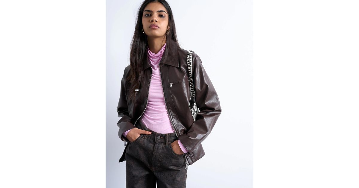 Hidden Clean Zip TOPSHOP Faux Leather Clean Zip Through Jacket in Brown | Lyst