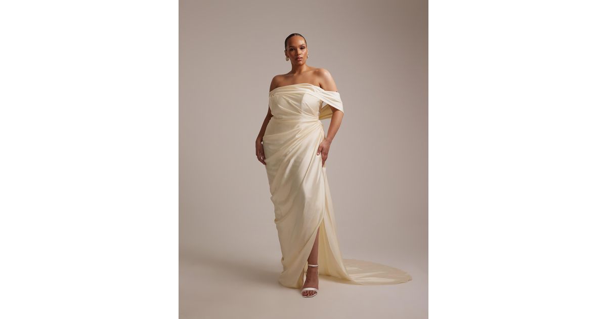 ASOS Asos Design Curve Draped Bardot Tie Back Maxi Wedding Dress in ...