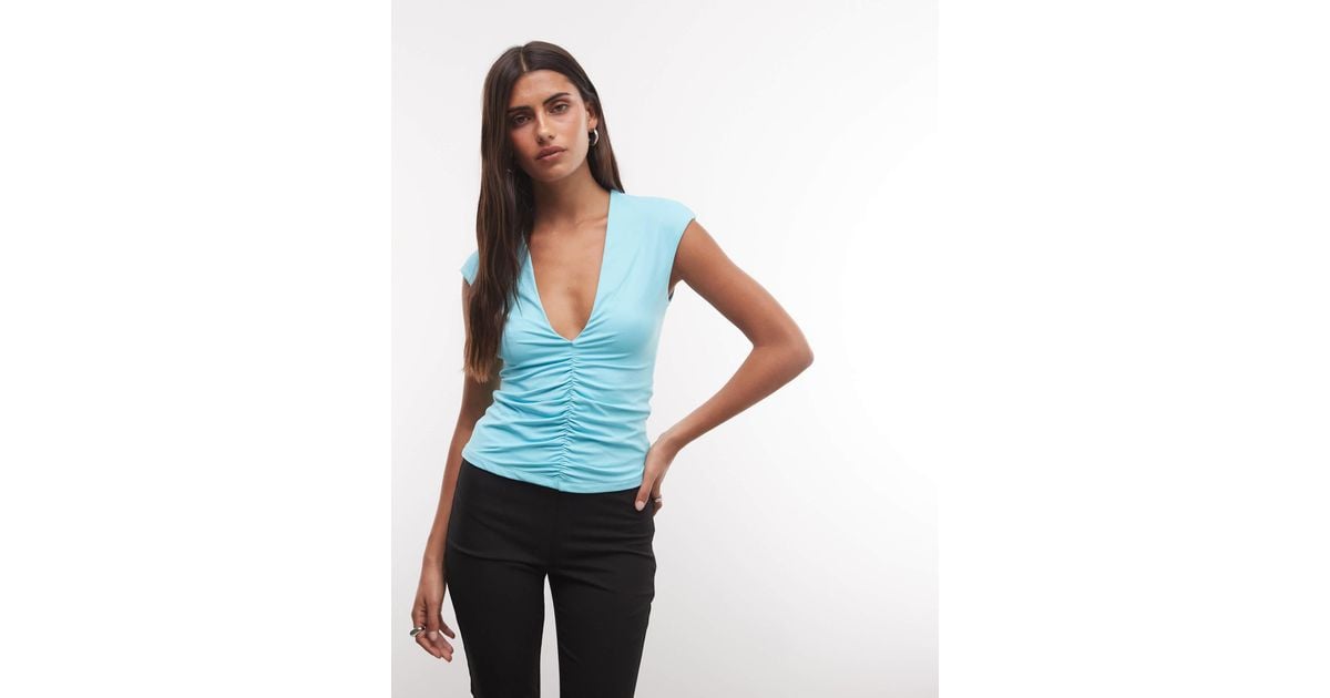 ASOS Plunge Open Front Short Sleeve Ruched Top in Blue | Lyst