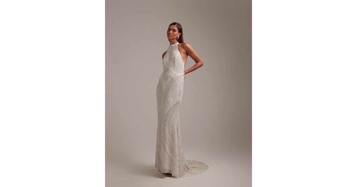 asos beaded wedding dress Linear Open Back Halter Maxi in Brown Color:Yellow Multi