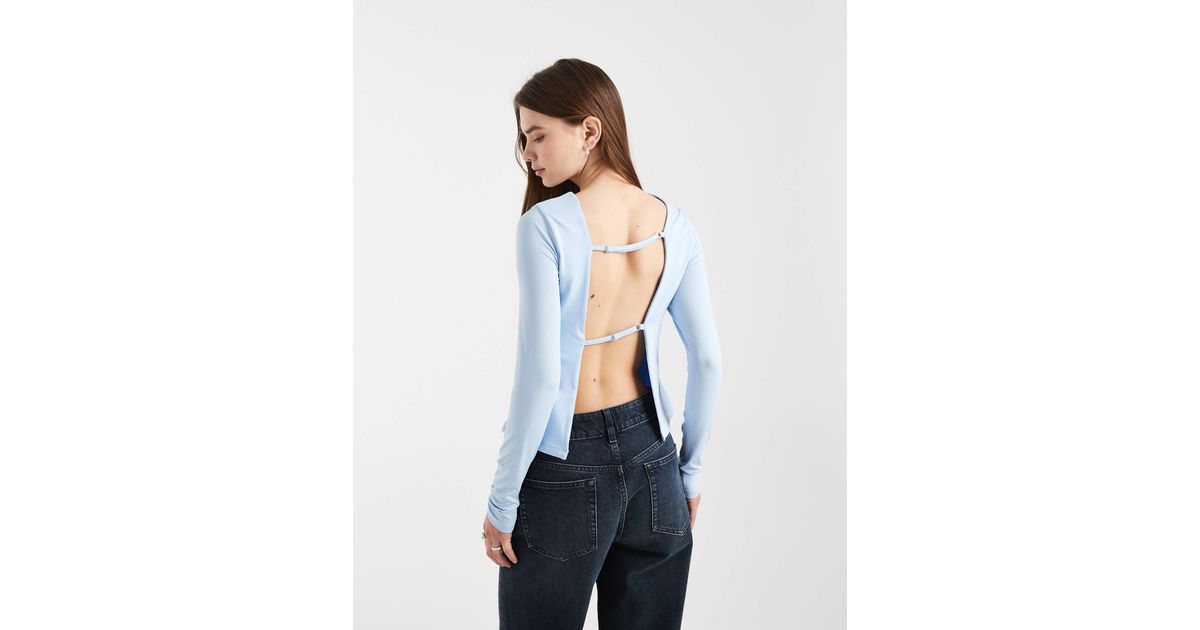 ASOS Slinky Open Back Long Sleeve Top in Blue | Lyst