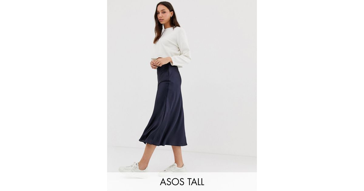 ASOS Asos Design Tall Bias Cut Satin Slip Midi Skirt in Blue | Lyst