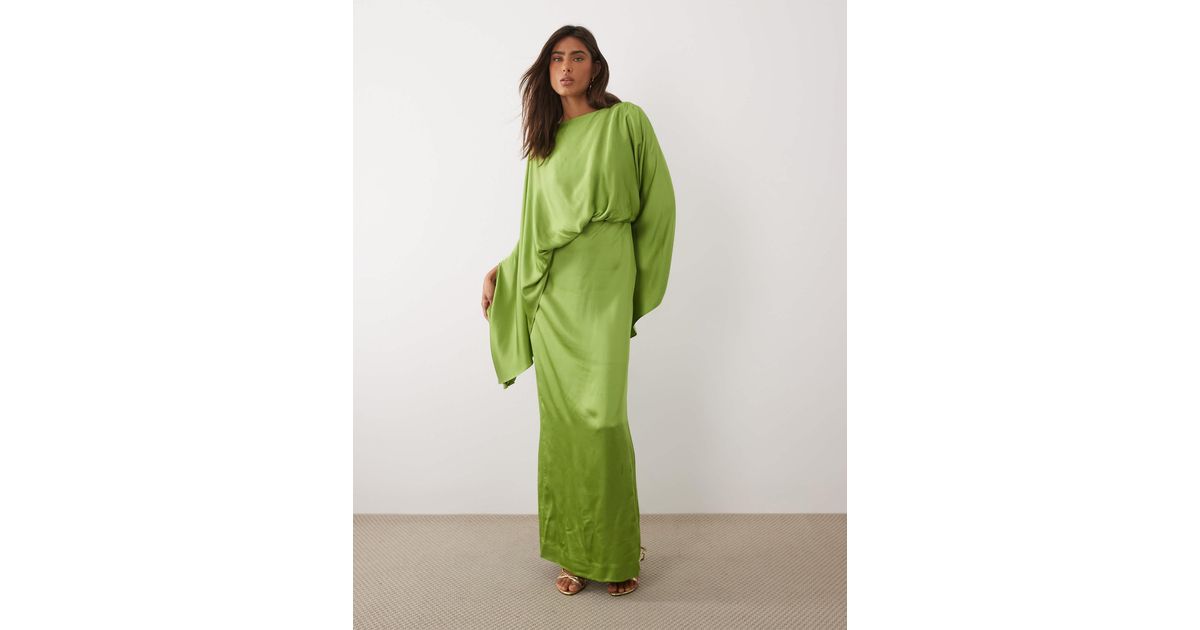mango maxi dress green Mango Drape Detail Satin Half Sleeve Maxi Dress in Green
