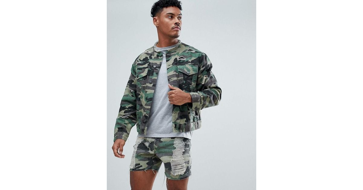 SIKSILK Collarless Muscle Denim Jacket In Camo With Distressing in Green  for Men | Lyst