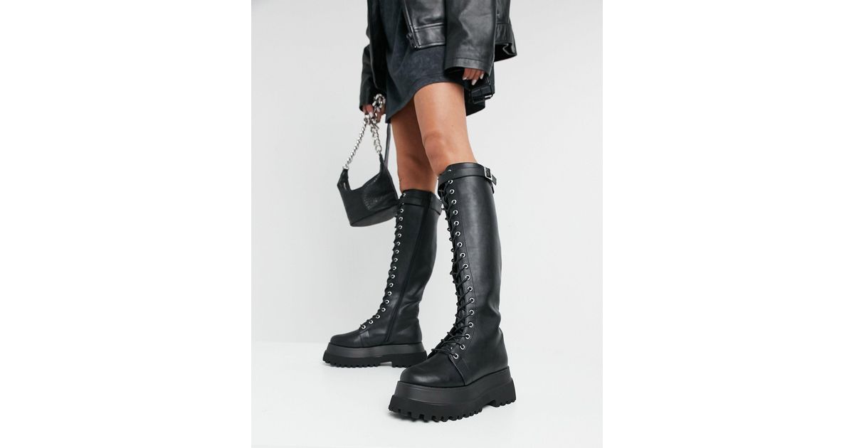 asos design camera chunky lace up knee boots in black