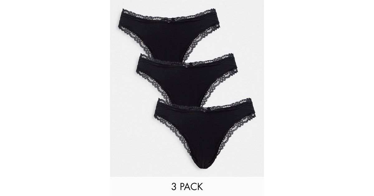 ASOS Asos Design 3 Pack Cotton & Lace Trim High Rise Malibu Thong in ...
