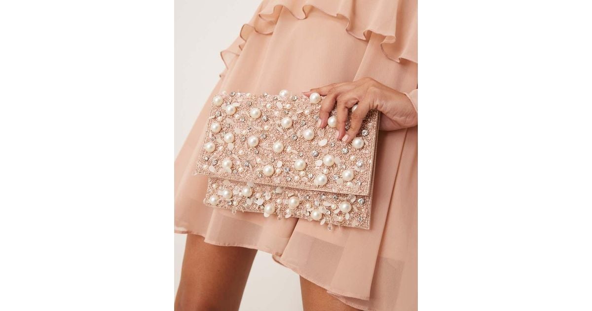 Pochette Bianca A Busta Decorata Con Perle E Paillettes di True