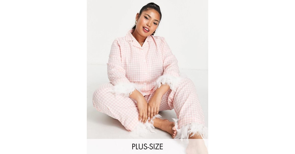 NIGHT Plus Gingham Long Pyjama Set With Detachable Feather Trims