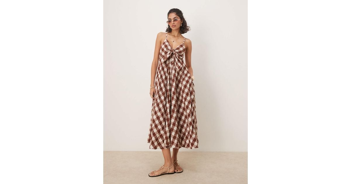 free people brown gingham dress Free People Via Gingham Cami Midi Dress in Natural