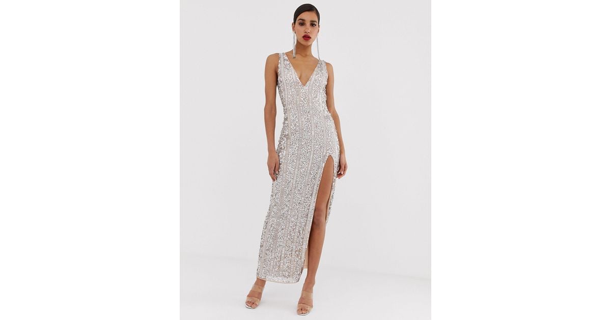 Missguided Peace And Love Embellished Maxi Dress With Side Split in  Metallic