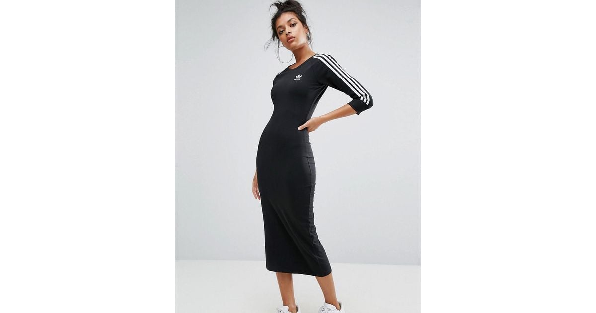 adidas Originals Cotton Originals Black Three Stripe Midi Dress | Lyst