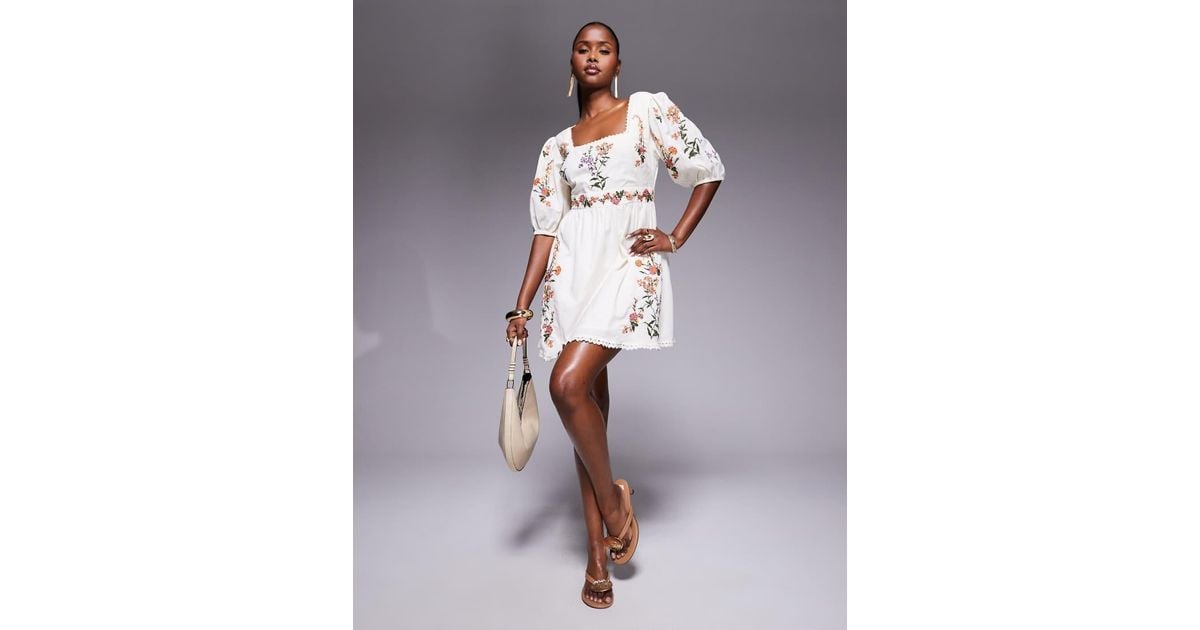 River Island Linen Embroidered Mini Dress in White | Lyst UK