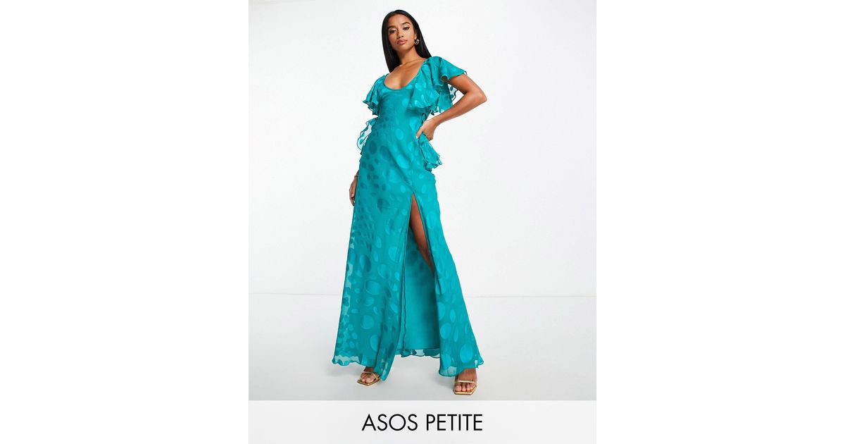 ASOS DESIGN satin spot flutter sleeve maxi dress with open back in purple