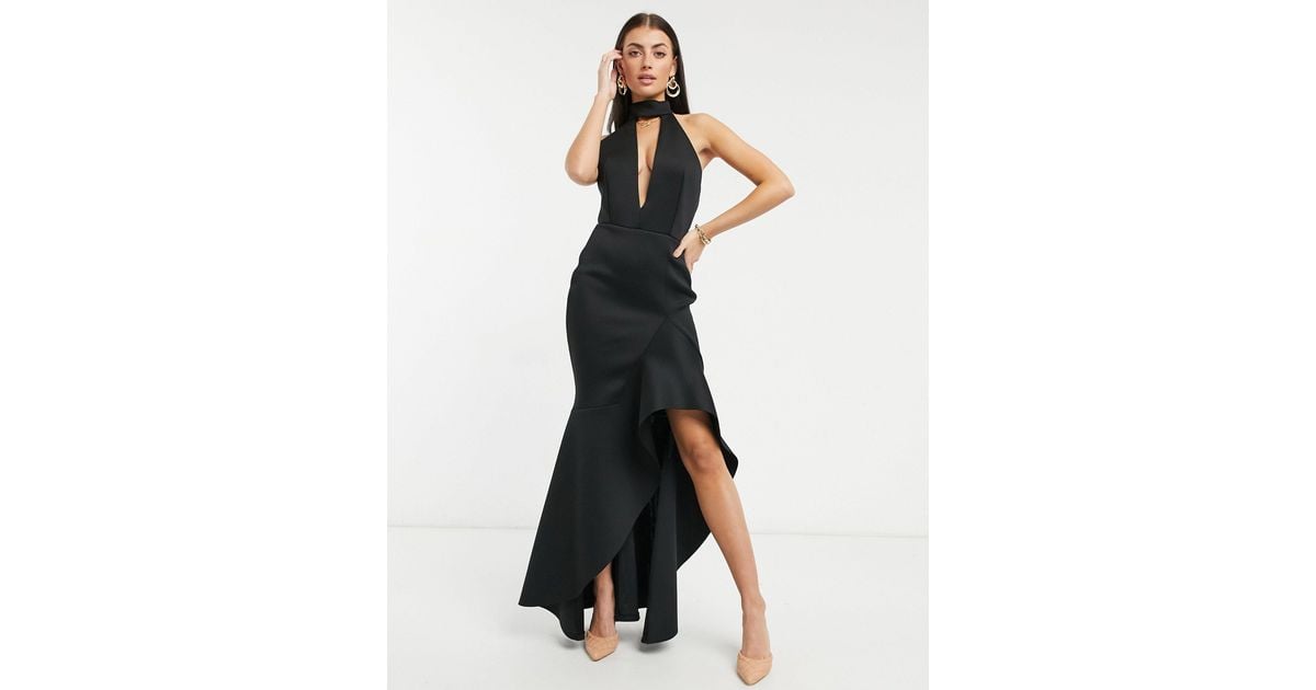 True Violet Synthetic Label High Neck Keyhole Plunge Maxi Dress With Ruffle Detail in Black | Lyst
