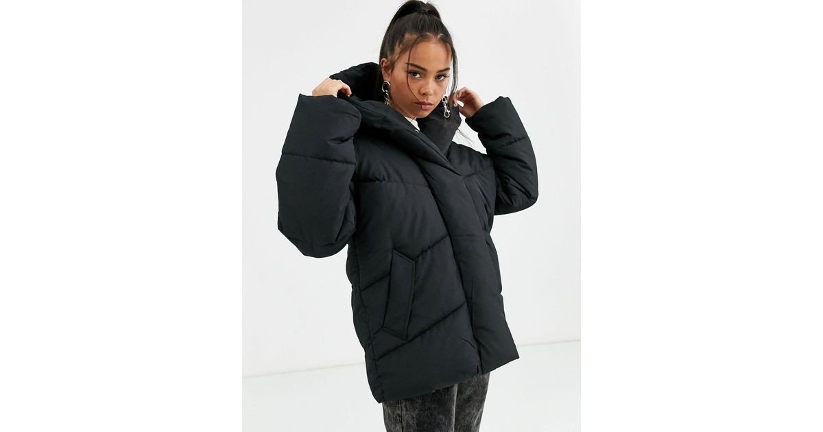 longline puffer coat with hood
