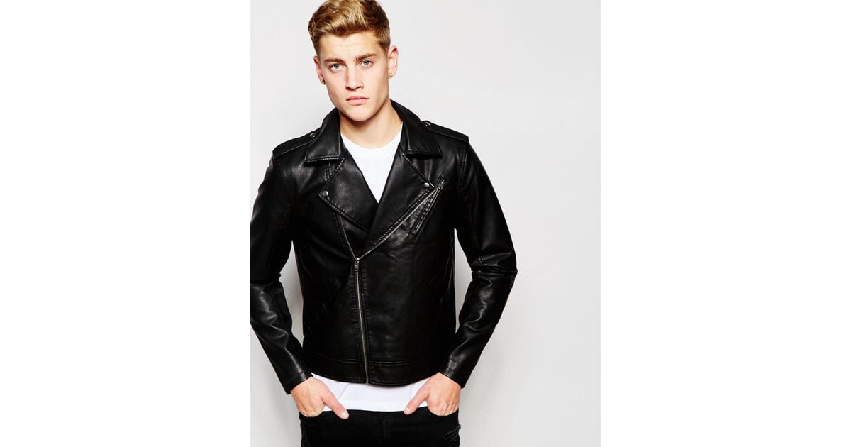 Jack & Jones Faux Leather Biker Jacket in Black for Men | Lyst
