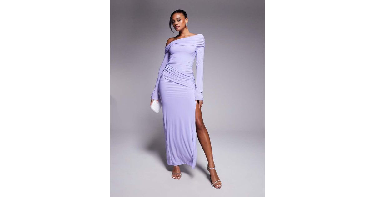 missy empire purple dress Missy Empire double sculpted slinky asymmetric off shoulder maxi dress in blurred purple flower print