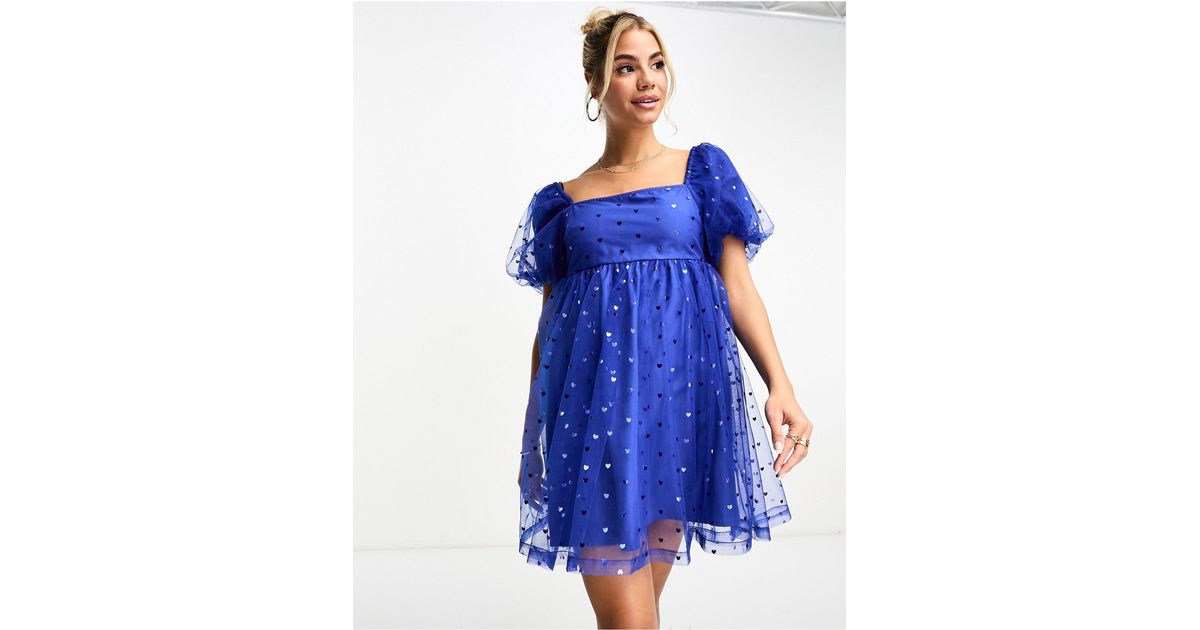 Monki Heart Embroidery Puff Sleeve Mini Dress in Blue Lyst